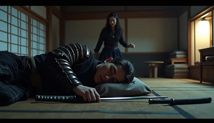 A realistic photo.  In a traditional Japanese hostel. A traditional katana is foreground. Behind it there is a Japanese samurai sleeping on a futon bed protecting this katana. Midnight. In the background you can see a female assassin sneaking up.