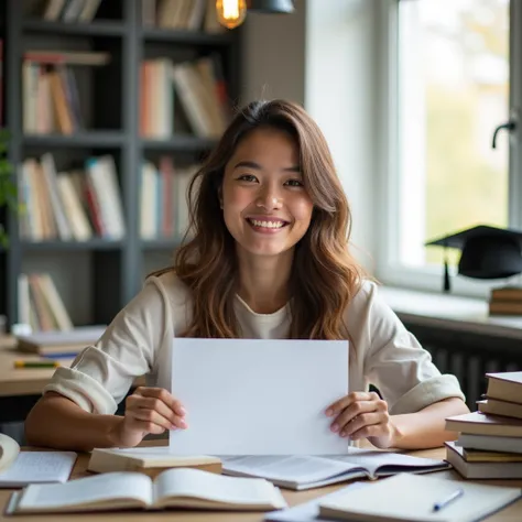 An inspiring scene of a young adult in a modern study environment, surrounded by books and language study materials. They are seated confidently with a certificate in their hand, symbolizing language proficiency, with an expression of accomplishment. In th...