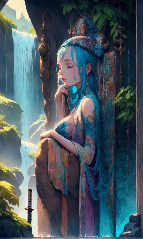 cute woman, showering in a waterfall, amazing butt, Katana leaning against cliff nearby (amazing workmanship), Lovely and deadly written across top of screen, show all of her
