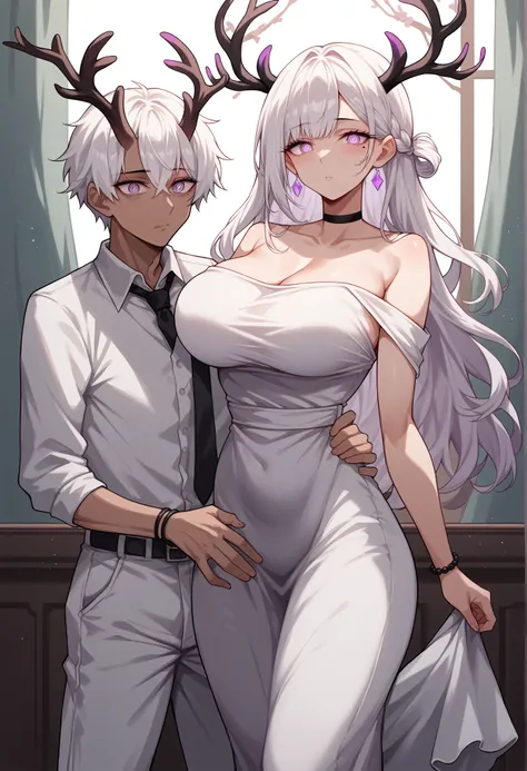 (Purple deer horns) mixed_artwork style, (detailed eyes), (Mature woman), beautiful woman, medium breasts, white hair, bangs on eye, Side bangs, (white loose dress, white pants), Lavender eyes, mole under eye, huge body, (milf), black choker, (neutral Face...