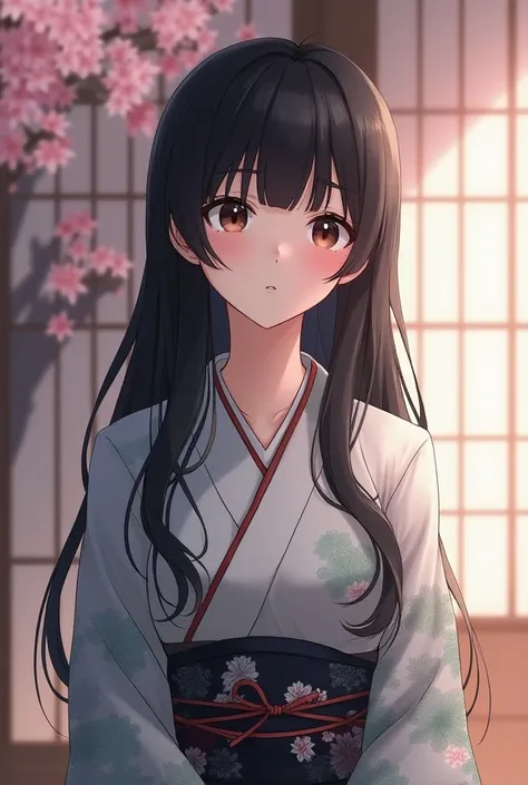 Anime girl with black hair and eyes she is wearing a traditional