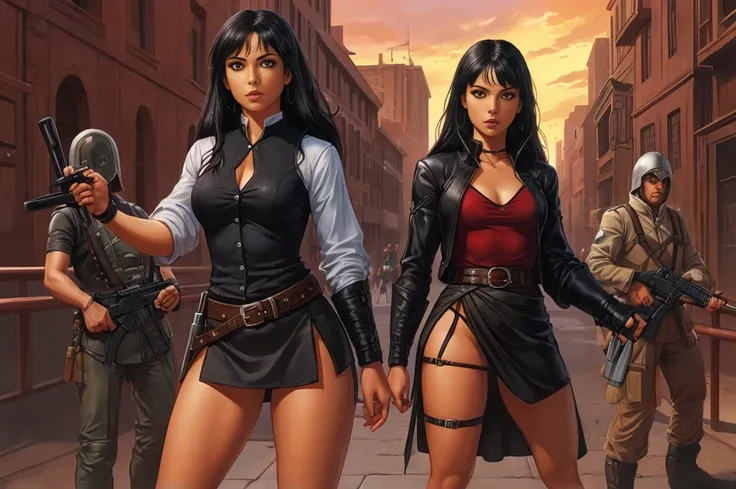 2girls, female assassin, miniskirt, black hair, full body shot, lesbian, romance, clyde caldwell