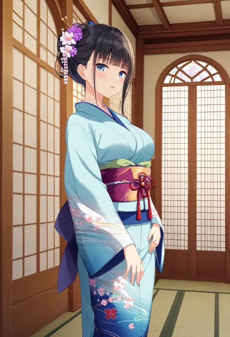  anime image quality、High image quality、Beautiful eyes、8k、Long-sleeved kimono、Beautiful castle interior、 standing
