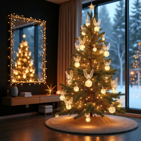 beautiful christmas tree decoration in the apartment , abstract, Stylish,  Christmas decorations, Creative, 12K. masterpiece,  exceptional quality красивые ледяные прозрачные ангелы, 12K. masterpiece,  exceptional quality 