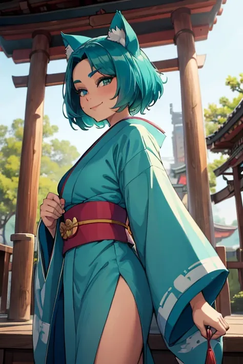 Perfect face. Perfect hands. A teal haired woman with teal eyes and teal cat ears and a teal cat tail in a pretty kimono is smiling while leaning forward in the shrine