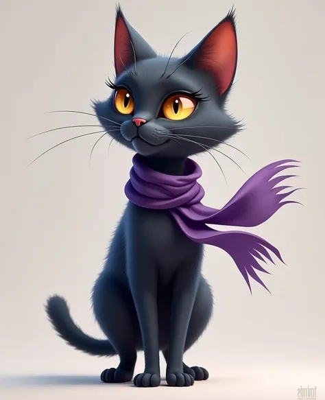  This human-like 2D cartoon photo Sasha is a humanized cat with dark gray fur with a touch of blue,  with an elegant and mysterious appearance .  Her eyes are of an intense amber color that stand out under her long eyelashes.  Her posture is always upright...