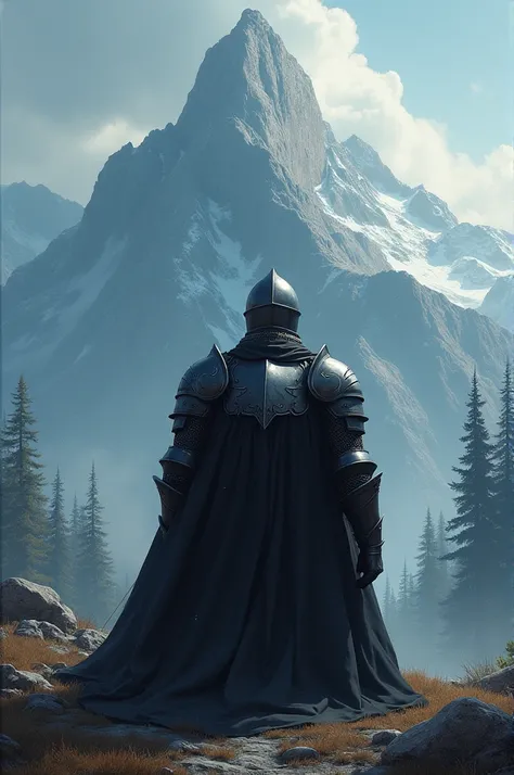  It shows the illustration of a gentleman showing honor on his knees in front of a mountain wearing armor that surrounds his entire body, and focus on the knights back in dark fantasy style
