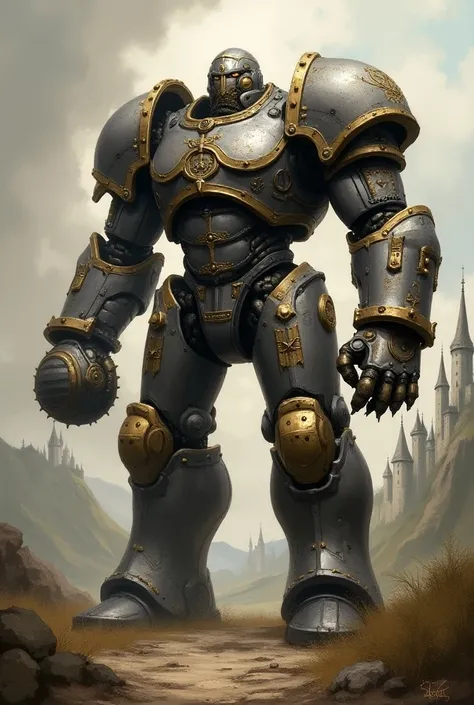 ( In a fanciful medieval semi-realistic oil painting style ) A robot(warforged) wearing heavy armor and with two wrecking balls in place of their hands