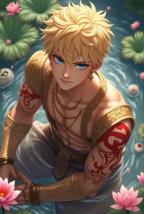 (absurdres, highres, ultra detailed, HDR), masterpiece, best quality, Gilgamesh, 1man, solo, handsome, short hair, blonde hair, vibrant blue eyes, finely eye and detailed face, topless, gold armor, red tattoo, golden jewelry, golden earrings, water, pink l...