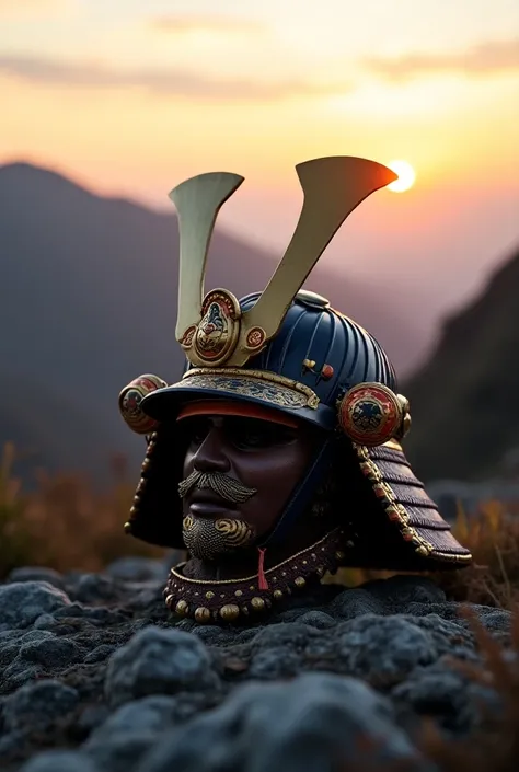  Make the image of an ultra-detailed samurai helmet on the floor of a mountain with the sunset in the background. Focus on this helmet as the center plane of the image 