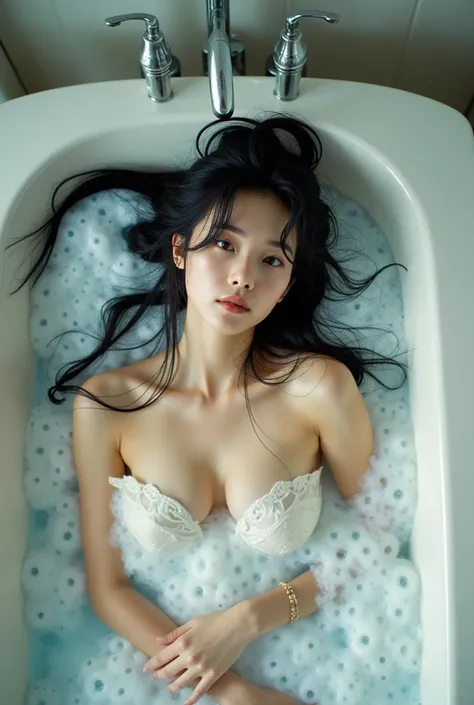 Professional photography,  Realistic , Wong Kar-wai ,  top-down photo of an Asian woman , lying in the bathtub ,  she has long, sloppy black hair , Shes bathing,  she is beautifully painted ,  the bath is full of soap foam ,  in the photo, bubbles are flyi...