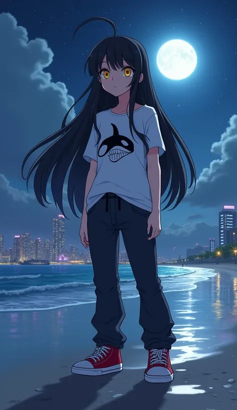 A very pretty 18-year-old girl , with long black hair, Yellow and bright eyes,  white whale tail , pointed teeth,  white t-shirt with Orca whale design,  black jeans ,  red high-top shoes , beach scene,  night with starry sky and full moon ,  futuristic ci...