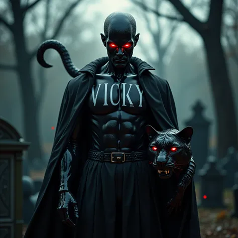 Angry handsome man made of glass, standing with glowing red eyes on a spooky cemetery background. On his front is written VICKY in big letters. There is also a black panther standing with him. The ambient light from the sun is shining on the vampires face....