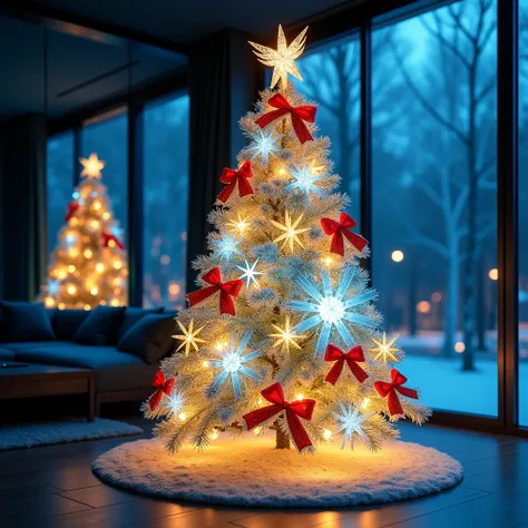  beautiful christmas tree modern apartment decoration  , abstract, Stylish, Christmas decorations, neon yellow and blue , Creative, 12K. masterpiece,  exceptional quality  красивые ледяные прозрачные ангелы, red bows, 12K. masterpiece, lighting,  exception...