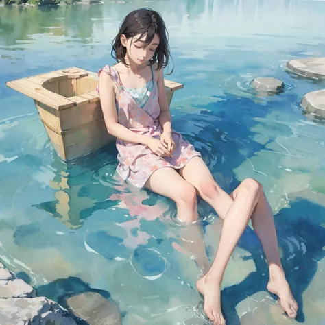 Tranquil voyager girl, in watercolor style, Photorealism, discreet pink and mint shades, barefoot