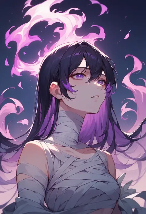 woman,  black hair with purple highlights ,  bandaged face neck and arms, cenário floresta a night, lua, purple flames, bright purple eyes neon , night