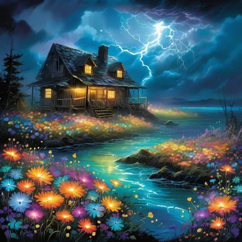 (((otherworldly sea of glowing bioluminescent flowers:1.3))), (((petals floating in the sea:1.3))), vibrant sea of wildflowers, vortex bioluminescent wolf cub, peaceful sea of delicate, gently swaying in the breeze, each petal a unique burst of fantastical...