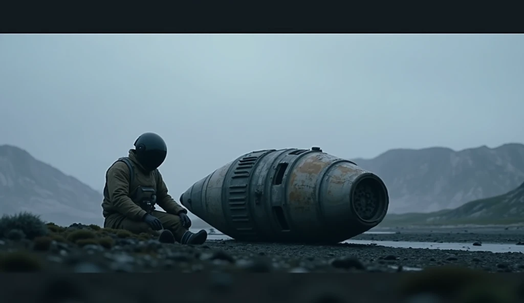  Arafats man sitting on the ground next to a broken ship motor object, Stranded astronaut on planet, black helmet,   frame from a Ridley Scott movie  ,  in the style of Roger Deakins ,  screenshot of the movie alien ,  Dramatic frame from a science fiction...