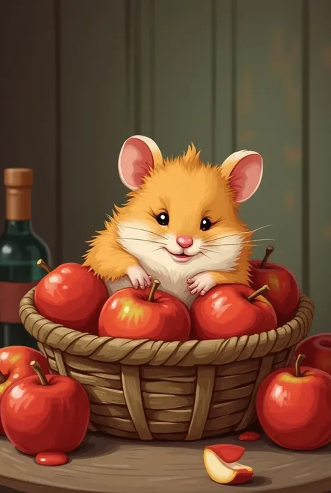 Un hamster alcoolisé dans un panier de pomme, le tout dans un style cartoon