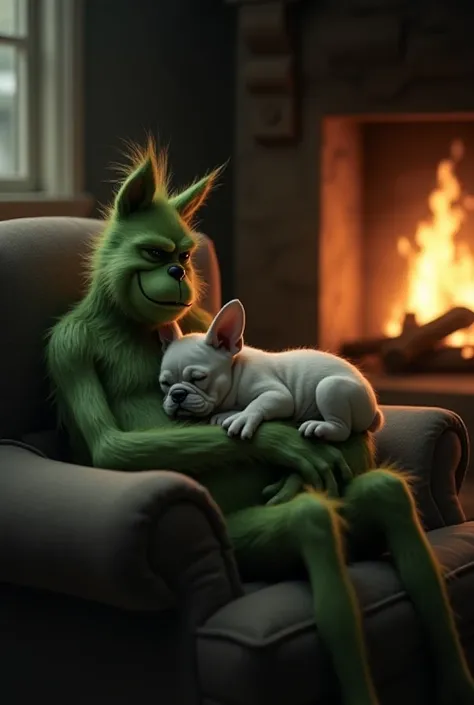 A black and white French bulldog puppy sleeps on the grinchs lap next to a fireplace