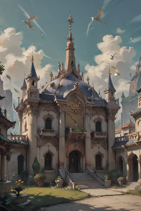 palace courtyard, (wind:1.0), green color scheme, concept art