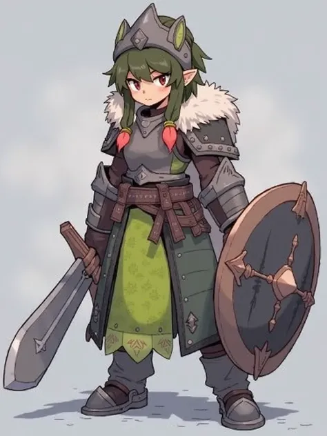  anime girl, green skin, Pointed ears, Very large shield 