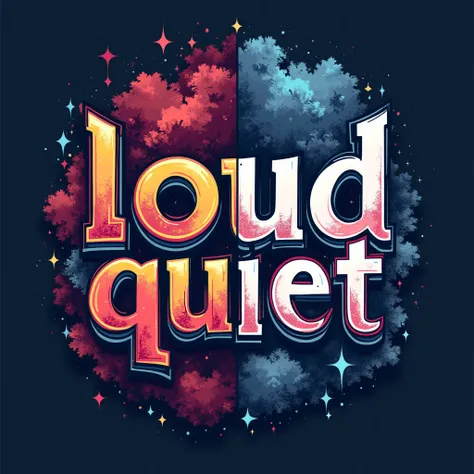 Design a typographic composition for a t-shirt that contrasts the concepts of Loud and Quiet. On the left side of the design, for the word Loud, use a bold, sharp, and angular font with neon or glowing effects, evoking a sense of energy, chaos, and excitem...