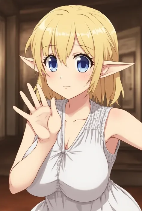 score_9, score_8_up, score_7_up, source_anime, shiny skin, sweat, BREAK ,detailed_background,indoors, 1girl, waving, looking at viewer, short hair, blonde hair, blue eyes, elf ears, large breasts, dress, arm under breasts, tavern, big tit, milk 