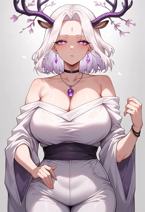 (Purple deer horns) mixed_artwork style, (detailed eyes), (Mature woman), beautiful woman, medium breasts, white hair, bangs on eye, Side bangs, (white loose dress, white pants), Lavender eyes, mole under eye, huge body, (milf), black choker, (neutral Face...