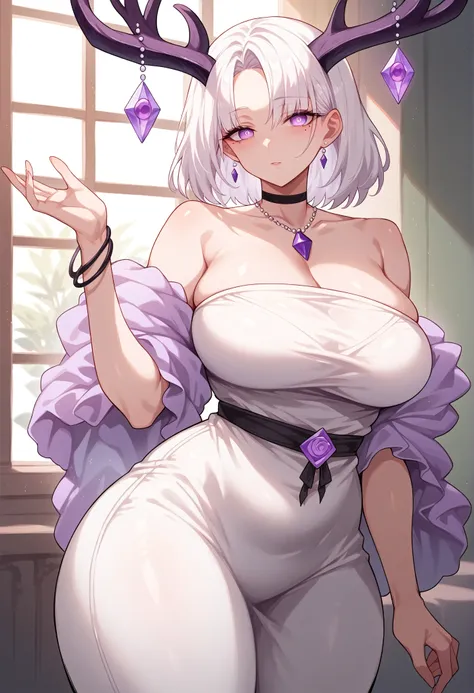 (Purple deer horns) mixed_artwork style, (detailed eyes), (Mature woman), beautiful woman, medium breasts, white hair, bangs on eye, Side bangs, (white loose dress, white pants), Lavender eyes, mole under eye, huge body, (milf), black choker, (neutral Face...