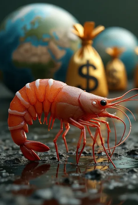 I want an image showing a shrimp representing aquaculture and the planets money bags representing the world economy
