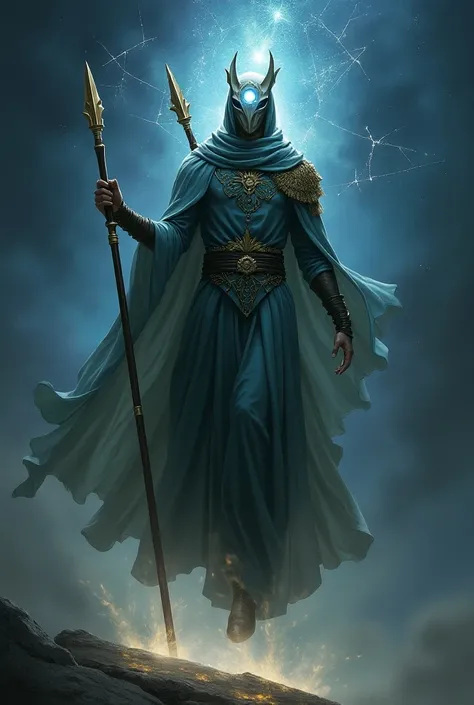 Aurosus as a high elf sorcerer, masked, one glowing eye in the center, wearing a spear in the back, levitation, constellation in the back