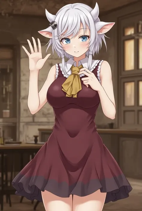 score_9, score_8_up, score_7_up, source_anime, shiny skin, sweat, BREAK ,detailed_background,indoors, 1girl, waving, looking at viewer, short hair, big tit, 
milked like a cow, blue eyes, elf ears, large breasts, dress, arm under breasts, tavern