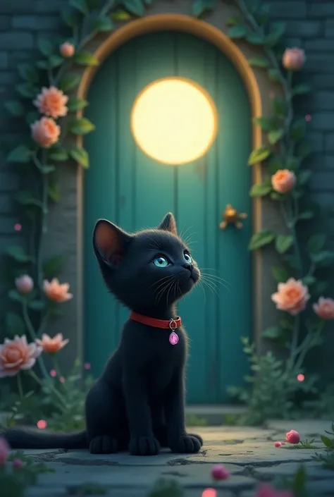 A cozy, charming scene featuring a cute black kitten with wide, curious eyes sitting in front of a mystical, glowing door. The kitten, small and fluffy, wears a tiny, delicate red collar with a crystal pendant, giving it a touch of elegance. Behind the kit...