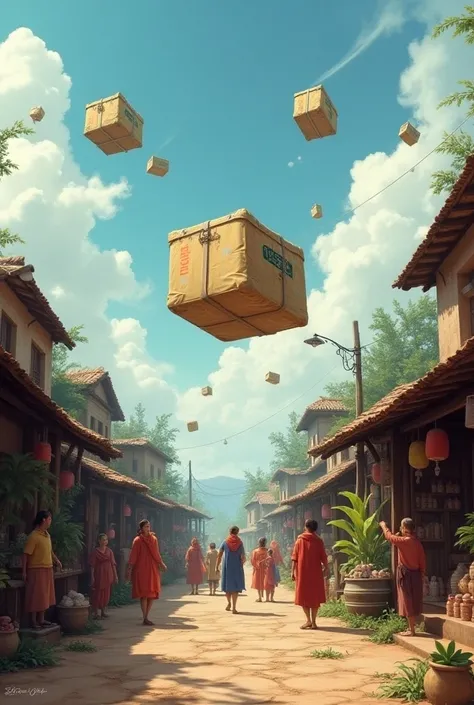 Levitation transportation system in action in the village, with packages flying through the air ,  people receiving food and medicine