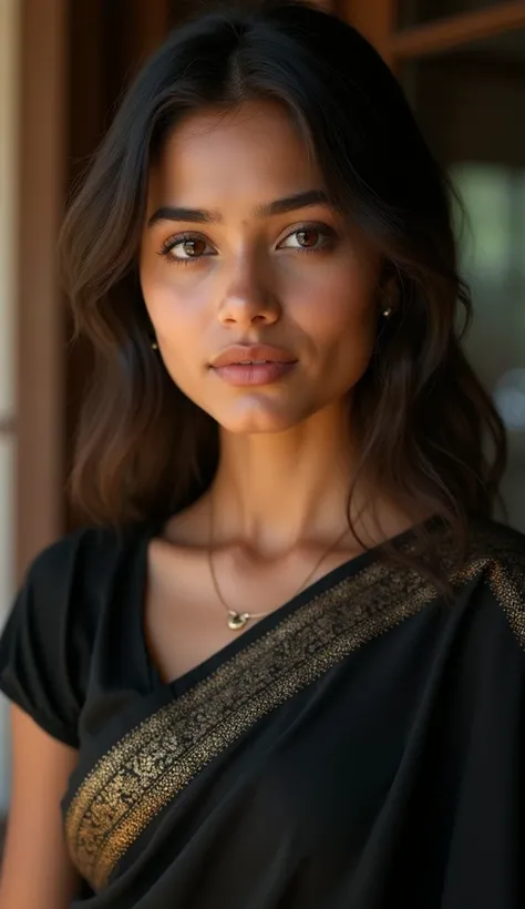 a gorgeous 17-years-old young modern Indian girl, wearing a black saree, porcelain white skin, extremely detailed portrait, high quality, realistic, photorealistic, 8k, best quality, masterpiece, sharp focus, physically-based rendering, vivid colors, intri...