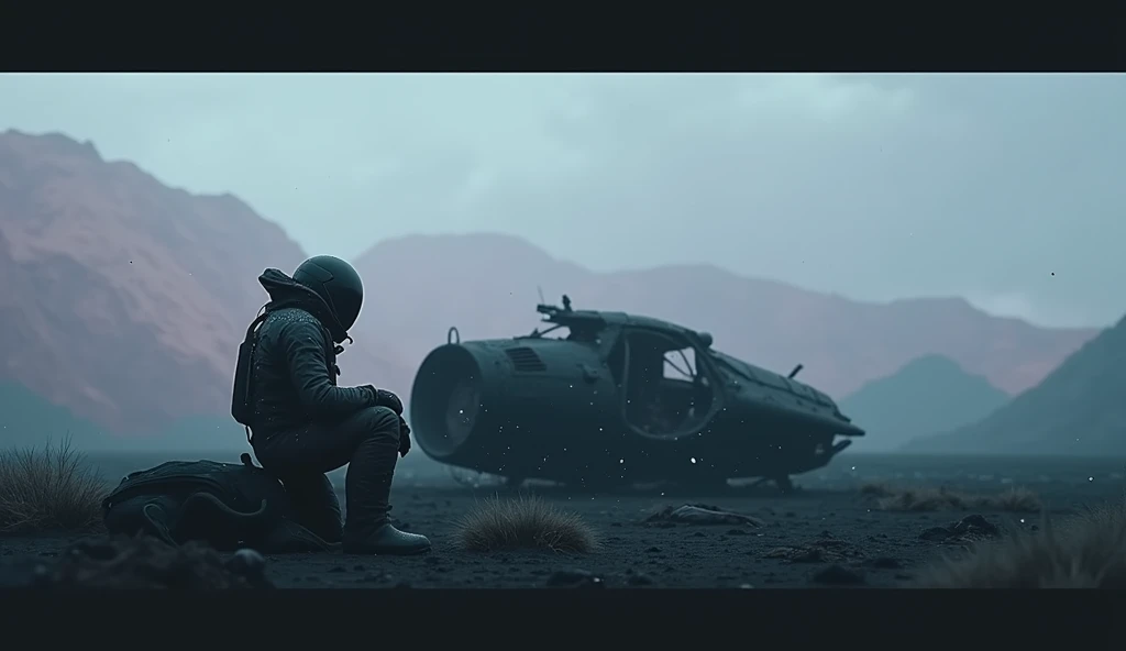 Astronaut man sitting on the ground next to his broken ship, Flying saucer, Damaged, Stranded astronaut on planet, black helmet,  frame from a Ridley Scott movie  ,  in the style of Roger Deakins ,  screenshot of the movie alien ,  Dramatic frame from a sc...