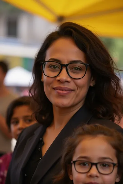  Light-skinned black Brazilian woman ,  family with rounded square black glasses, shoulder length curly hair , marked face. Arched eyebrows, wearing a suit, at 50 years old, At a food fair