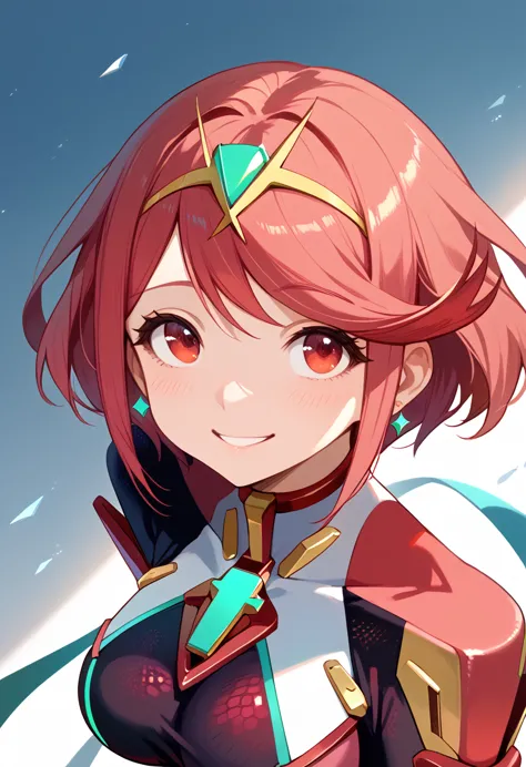 masterpiece, maximum quality, 4k,  detailed, pyra, bright smile, crystal red eyes, round face, soft light, shiny hair, friendly smile