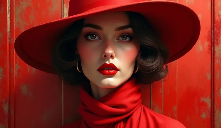 masterpiece of the highest quality, beautiful woman in a red hat and red scarf, an Art Deco painting by Edwin Georgi, CGSociety, precisionism, Art Deco, chiaroscuro, Ilya Kuvshinov