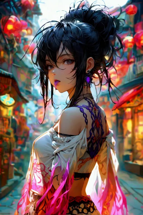  has long messy black hair with a sharp ahoge at the top and she has black eyes with bags visible underneath .  She wears a white shirt without shoulders with purple flamboyant licking designs and a hand a symbol in the middle over a brown culture top, wid...