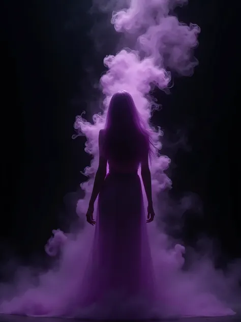 A solid black background with the silhouette of a woman wrapped in purple smoke and that gives an illusion that the paint will spread