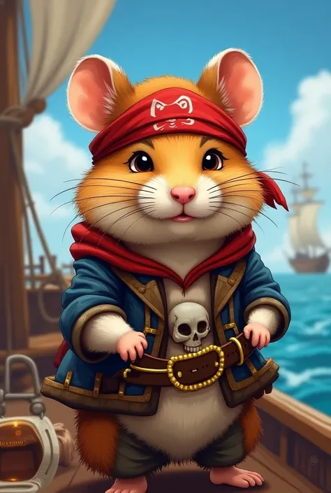 Un hamster pirate avec une cale de bateaux rempli de rhum, le tout dans un style cartoon