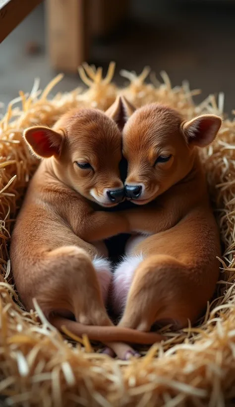 Two Baby Calves in a Cozy Crib Nest
"A super realistic image of two chubby baby calves lying together in a crib nest, their soft brown fur and tiny hooves resting against each other. The calves are snuggled together on a bed of straw, creating a warm, nurt...