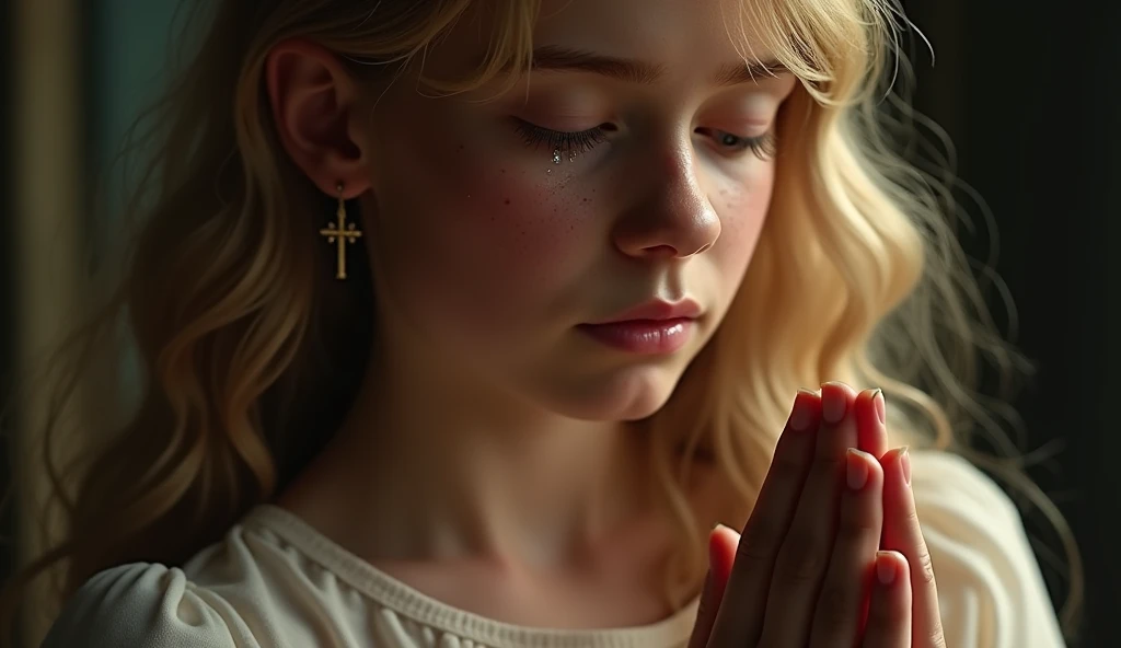 A beautiful blonde girl 13yo, in left side, wearing cross earrings,feeling sad while praying and elegantly wrapping around her hands in a prayer position, hands raised in worship, tears glistening on her cheeks sitting in cinematic lighting, realism, reali...