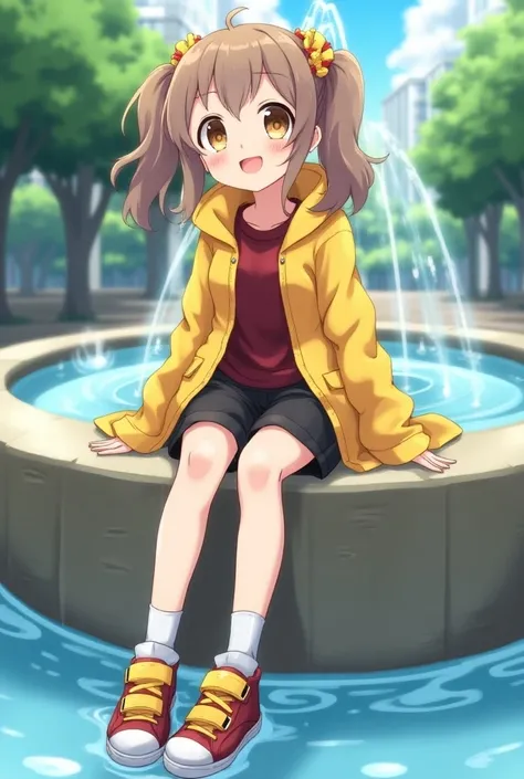 Anime girl, light brown medium long hair, Two Side Up, yellow hair bands, smile, dark red Shirt, yelow coat, black bermuda shorts over the knees, white dirty socks, red sneakers with big yellow velcros and white soles, sitting on the wall of a fountain, le...