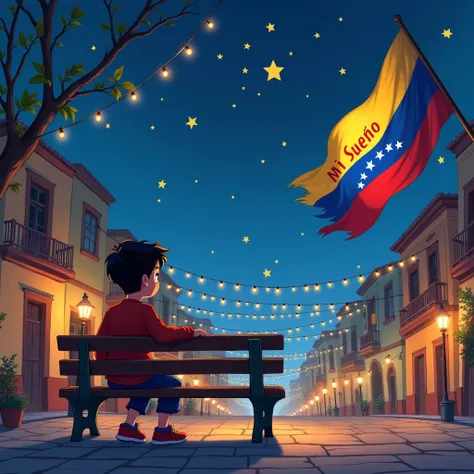 an beautiful disney style illustration of a boy on a plaza bench looking at the stars like Christmas lights, these lights has the venezuelan flag colors, the stars has this colors: yellow, blue and red, the stars has venezuelan colors (yellow, blue and red...