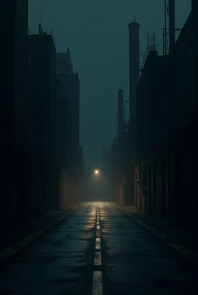 A straight street that ends with a runway and around very giant clothing factories and is at night and the streets are completely dark with no light to illuminate the night