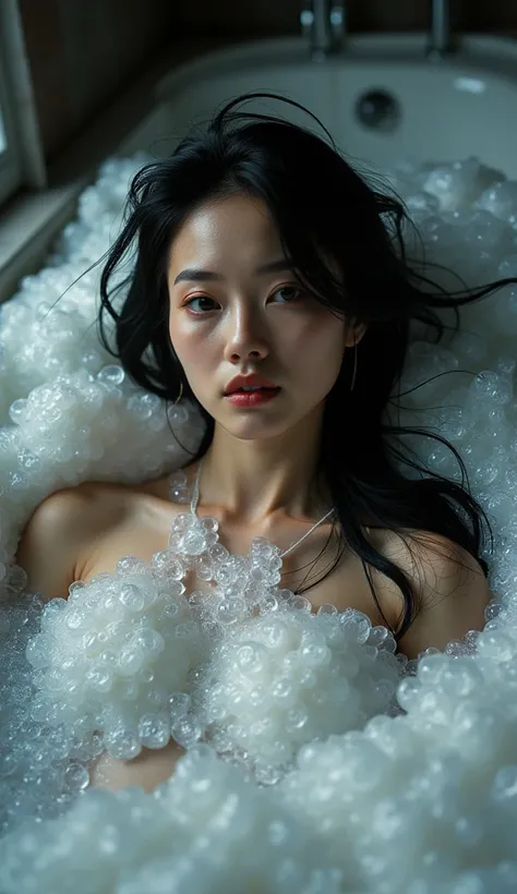 NSFW, nipples, professional photography, realistic, Wong Kar-Wai, shot from top down photo of Asian woman lying in the bathtub, she has long messy black hair, she is bathing, she has pretty makeup, the bathtub full of soap foam, photo has bubbles flying in...