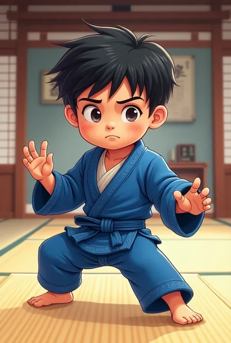 Cartoon of a boy wearing a blue jiu-jitsu kimono and a white waistband